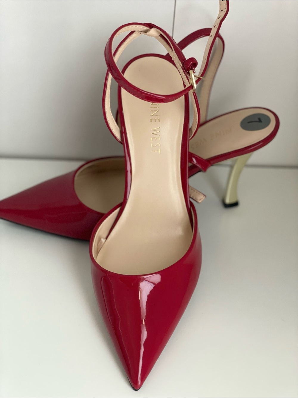 Nine West Red Patent Pointed-Toe Slingback Heels with Ankle Strap